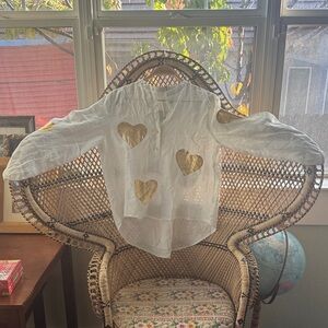 White linen Blouse with Gold Heart Accents